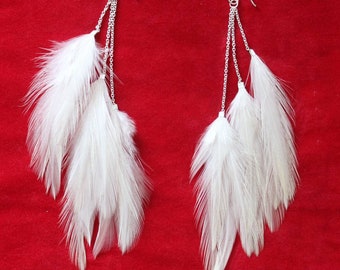 Feather Earrings, White Feather Earrings, Drop Feather Earrings, Dangle Feather Earring, Silver Chain Earrings