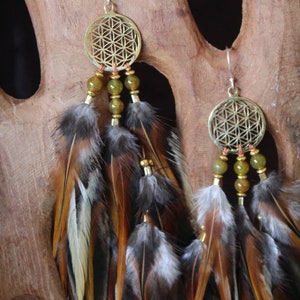 Brown feather earrings, Drop feather earrings, Big feather earrings, Long feather earrings, Natural feather earrings, Flower of life earring