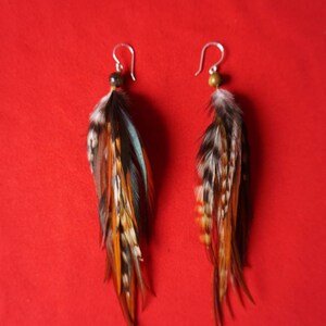 Feather Earrings with Tiger Eye Stone, Real Feather Earrings, Natural Feather, Balinese Feather