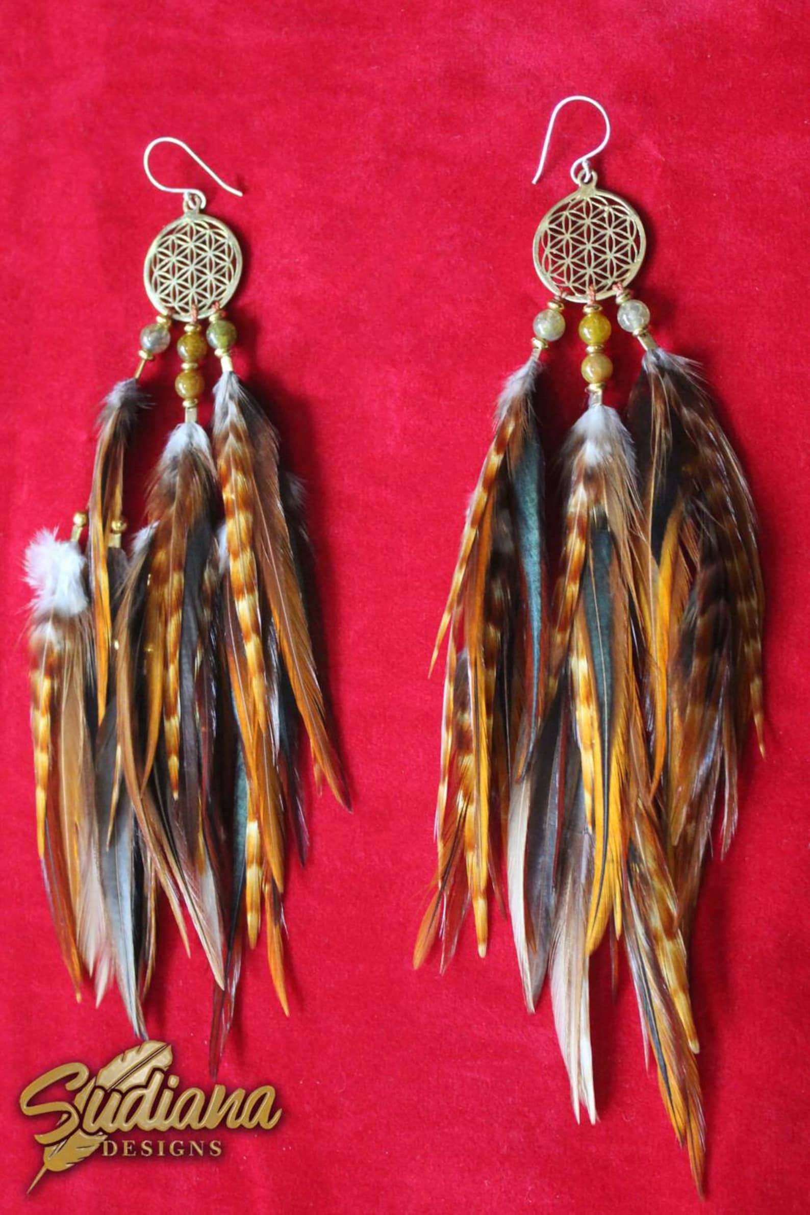 Feather Earrings Brown Feather Drop Earrings Long Feather Etsy
