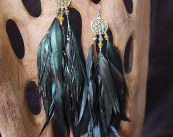 Feather Earrings, Black Feather Earrings, Drop Feather Earrings with Agate Stone, Big Long feather Earrings , Big Feather Earrings