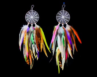 Feather Earrings, Spider Earrings With Multi-colour Feather Crafting