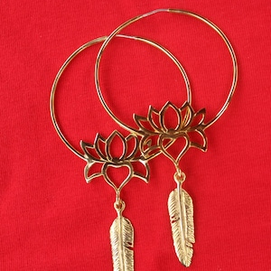 Hoop Earring, Lotus Flower Earrings, Brass earrings, Brass feather