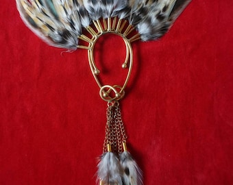Feather ear cuff, Brass ear cuff, Soft brown feather, Dangle feather ear cuff