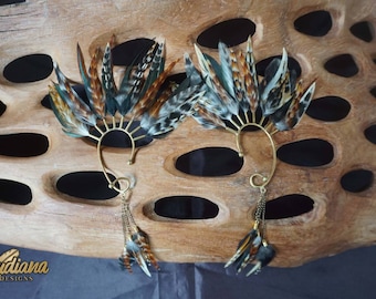 Feather ear cuff, Brass ear cuff, Ear cuff Brown feather, Ear cuff natural feather, Feather ear dangle, Multi colour Natural feather
