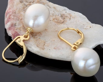 Freshwater Pearl Dangle Earrings in 14K Gold Overlay 925 Sterling Silver