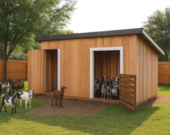 May include: A wooden goat shed with open doors, surrounded by a green lawn and a wooden fence. Several goats of various colors, including brown, white, and black, are standing in the yard and inside the shed.