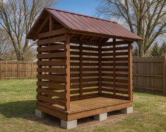 May include: A wooden shed with a brown metal roof and a slatted design. The shed is constructed of stained wood and sits on concrete blocks. It is located on a grassy lawn with a wooden fence in the background.