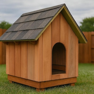 May include: A wooden dog house with a gabled roof and an arched doorway. The house is constructed from vertical wooden planks and has a brown shingled roof. The structure sits on a wooden base and is set on a grassy lawn.