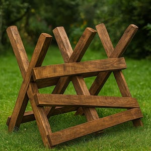May include: A wooden sawbuck with a dark brown finish, constructed from intersecting beams. The sawbuck is positioned on a bed of green grass, with a blurred background of trees.
