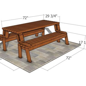 Pu&ograve; includere: Un tavolo da picnic in legno con panche attaccate. Il tavolo &egrave; lungo 183 cm e largo 75,6 cm. Le panche sono lunghe 183 cm e alte 44,5 cm. Il tavolo e le panche sono in legno marrone.