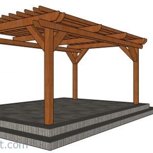May include: A wooden pergola structure with a slatted roof, supported by four sturdy posts. The pergola is set on a raised platform with steps, and is made of brown wood. The design is simple and functional, suitable for outdoor spaces.