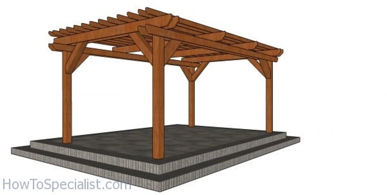 May include: A wooden pergola structure with a slatted roof, supported by four sturdy posts. The pergola is set on a raised platform with steps, and is made of brown wood. The design is simple and functional, suitable for outdoor spaces.