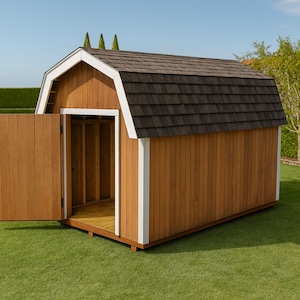 DIY 8x14 Gambrel Shed Plans – Barn Style Storage Shed, Backyard Wooden Shed, Outdoor Tool Shed with Wide Door, Step by Step PDF Wood Project