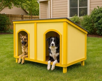 May include: A yellow dog house with two separate entrances, each with an arched doorway. A German Shepherd and a Border Collie are inside. The dog house is on a green lawn.