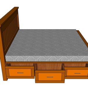 May include: A wooden bed frame with a headboard and three storage drawers. The bed frame is brown with orange drawer fronts. A gray mattress sits on top of the frame.