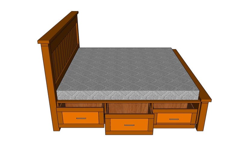 May include: A wooden bed frame with a headboard and three storage drawers. The bed frame is brown with orange drawer fronts. A gray mattress sits on top of the frame.