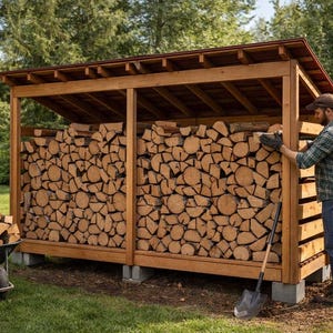 Puede incluir: Un cobertizo de almacenamiento de leña de madera lleno de troncos apilados. El cobertizo tiene un techo inclinado y está sostenido por vigas de madera. Una carretilla con leña está cerca. Una persona está de pie junto al cobertizo.