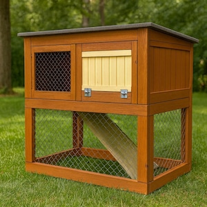 May include: A wooden rabbit hutch with a brown finish, featuring a wire mesh enclosure and a yellow door. The hutch has a ramp for easy access and a dark gray roof. It is set on a grassy lawn.