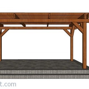 May include: A wooden pergola structure with a brown finish. The design features a rectangular roof supported by vertical posts and angled braces. The structure is set on a gray concrete base with steps.