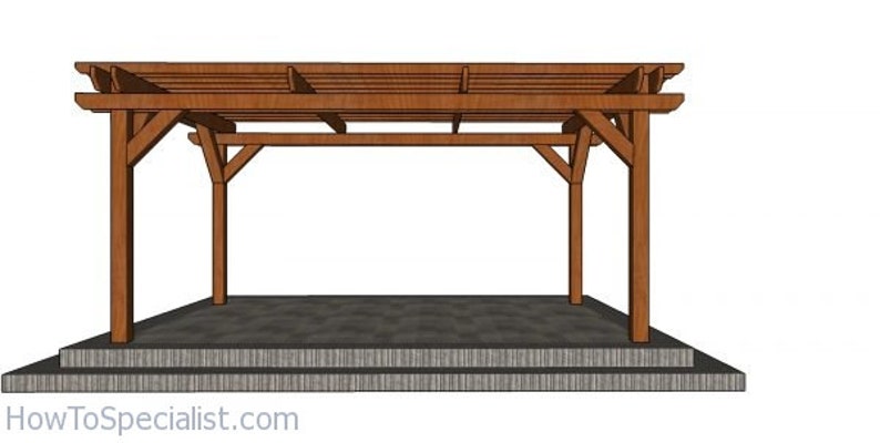 May include: A wooden pergola structure with a brown finish. The design features a rectangular roof supported by vertical posts and angled braces. The structure is set on a gray concrete base with steps.