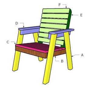 K&ouml;nnte beinhalten: Eine Zeichnung eines Holzstuhls mit Lattenr&uuml;cken und -sitz. Die Stuhlbeine sind gelb, die Armlehnen blau, die Sitzlatten rosa und die R&uuml;ckenlatten gr&uuml;n. Der Stuhl ist f&uuml;r den Au&szlig;enbereich konzipiert.