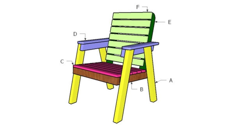 K&ouml;nnte beinhalten: Eine Zeichnung eines Holzstuhls mit Lattenr&uuml;cken und -sitz. Die Stuhlbeine sind gelb, die Armlehnen blau, die Sitzlatten rosa und die R&uuml;ckenlatten gr&uuml;n. Der Stuhl ist f&uuml;r den Au&szlig;enbereich konzipiert.