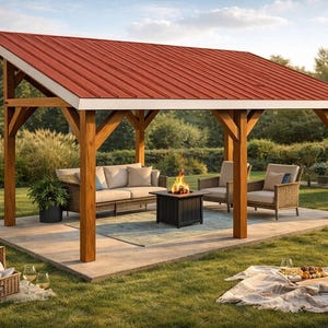 Può includere: Un gazebo esterno in legno con tetto in metallo rosso. Il gazebo ha una base in cemento ed è arredato con un divano, sedie e un braciere. Un cestino da picnic, bicchieri e una coperta sono sull'erba.