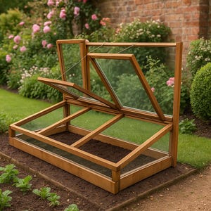 Könnte beinhalten: Ein hölzerner Frühbeetkasten mit Glasscheiben, teilweise geöffnet, steht in einem Garten. Der Rahmen ist rechteckig mit einem Klappdeckel. Der Garten hat grünes Gras, Pflanzen und eine Backsteinmauer im Hintergrund.