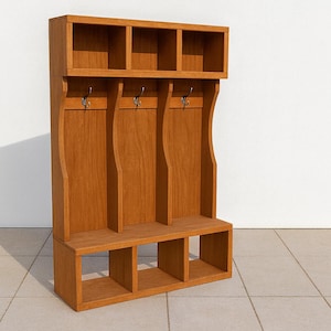 以下が含まれることがあります： 3つのコートフック、3つの棚、3つのオープン収納コンパートメント付きベンチを備えた木製の玄関オーガナイザー。ユニットは明るい茶色の木材でできており、家の整理用に設計されています。