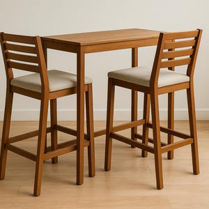 Puede incluir: Una mesa de bar de madera con dos taburetes a juego. La mesa y los taburetes son de madera de color marrón claro. Los taburetes tienen asientos tapizados beige y respaldos de listones. El conjunto está sobre un suelo de madera clara.