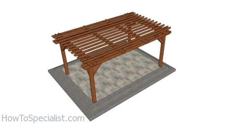 May include: A brown wooden pergola with a slatted roof, supported by four sturdy posts. The structure is set on a gray stone patio, offering a shaded outdoor space. The design is simple and functional.