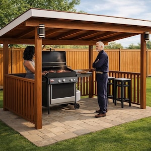Può includere: Una postazione per barbecue all'aperto in legno con una griglia nera, un tetto bianco e un patio in mattoni. Due persone sono in piedi vicino alla griglia. La postazione è circondata da una recinzione in legno e un prato verde.