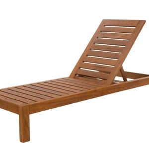 May include: A wooden outdoor chaise lounge with a slatted design. The backrest is adjustable, and the frame is made of solid wood. The lounge chair is a warm brown color and is designed for relaxation.