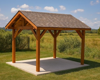 May include: A wooden gazebo with a brown shingled roof and a concrete base. The gazebo has a simple, open design with four supporting posts and is set in a grassy area with trees and a blue sky.