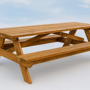 May include: A wooden picnic table with attached benches. The table is made of light brown wood and has a slatted tabletop and bench seats. The legs are angled for stability. Perfect for outdoor dining and gatherings.