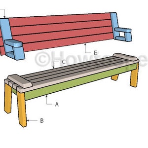 Pu&ograve; includere: Schema di una panca in legno e di una panca con schienale. La panca ha una base verde, un piano beige e gambe gialle. La panca con schienale ha uno schienale rosso, braccioli blu e una seduta beige.