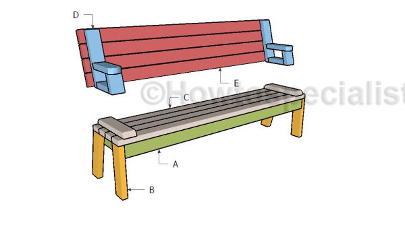 Pu&ograve; includere: Schema di una panca in legno e di una panca con schienale. La panca ha una base verde, un piano beige e gambe gialle. La panca con schienale ha uno schienale rosso, braccioli blu e una seduta beige.