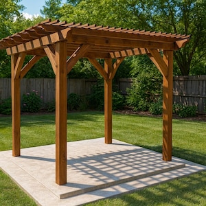 May include: A wooden pergola with a slatted roof and four supporting posts. The structure is stained a warm brown and sits on a concrete patio. The background features green grass, trees, and a wooden fence.