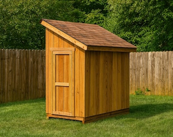 May include: A small, wooden shed with a slanted roof and a single door. The shed is made of light brown wood and has a brown shingled roof. It stands on a green lawn with a wooden fence in the background.