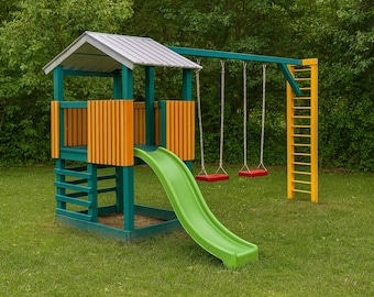 Plans d&#39;ensemble de jeu pour enfants à faire soi-même - Plans d&#39;ensemble de jeu en bois faciles avec fort et balançoires - Téléchargez le PDF