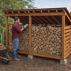 May include: A wooden firewood storage shed filled with neatly stacked logs. The shed has a pitched roof and is constructed with vertical and horizontal wooden beams. A person is seen placing logs into the shed. A wheelbarrow filled with logs is in the foreground.