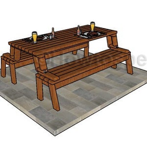 Pu&ograve; includere: Un set da picnic in legno marrone con panche integrate. Il tavolo ha un piano rettangolare a doghe ed &egrave; accompagnato da due panche. Due piatti, bottiglie e bicchieri sono sul tavolo.