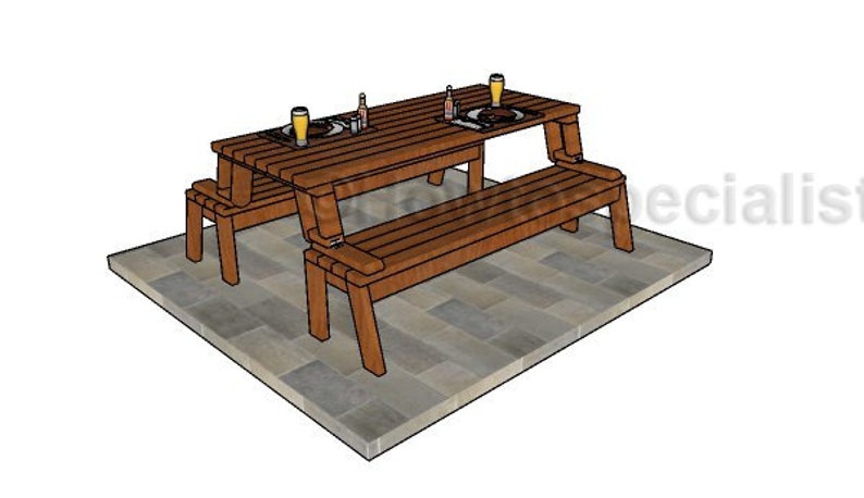 Pu&ograve; includere: Un set da picnic in legno marrone con panche integrate. Il tavolo ha un piano rettangolare a doghe ed &egrave; accompagnato da due panche. Due piatti, bottiglie e bicchieri sono sul tavolo.