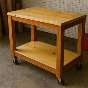 Peut inclure: Chariot en bois avec un plateau rectangulaire et une étagère inférieure. Le chariot est fait de bois clair avec des accents bruns plus foncés et repose sur quatre petites roues. Il est probablement utilisé pour le stockage ou comme surface de travail.