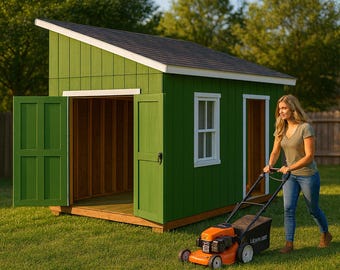 May include: A green shed with a white-trimmed roof and open doors stands on a grassy lawn. An orange lawnmower is being pushed across the grass. A person is pushing the lawnmower.
