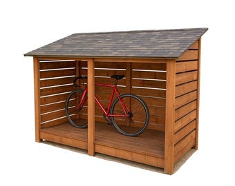 May include: A wooden bike shed with a shingled roof. The shed is constructed of horizontal wooden slats and houses a red bicycle. The shed is designed to protect bicycles from the elements.