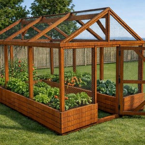 May include: A wooden greenhouse with a gabled roof and mesh sides and roof. The structure has a door and contains several raised garden beds filled with various plants and vegetables. The greenhouse is set on a green lawn.