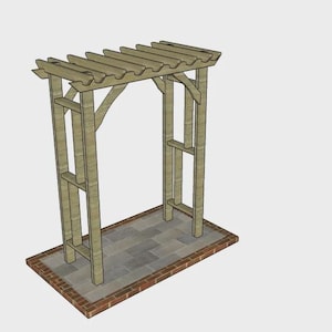 May include: A wooden garden arbor with a rectangular base made of brick and stone. The arbor has a slatted roof and a simple, open design. The structure is made of light-colored wood.