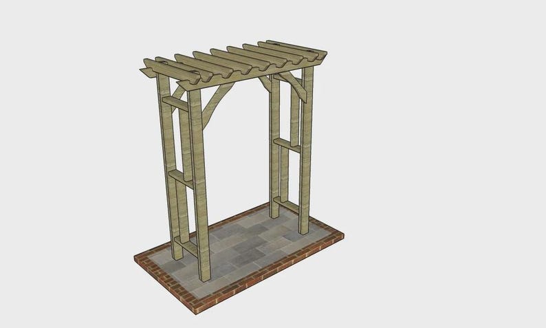 May include: A wooden garden arbor with a rectangular base made of brick and stone. The arbor has a slatted roof and a simple, open design. The structure is made of light-colored wood.